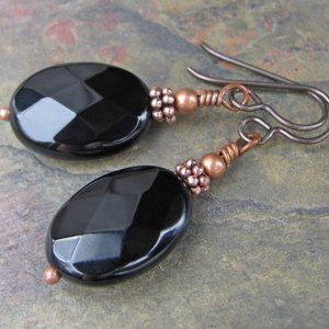 Black Onyx And Copper Earrings, Hypoallergenic Niobium Earwires, French Hooks